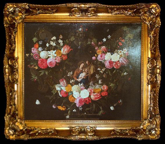 framed  Jan Van Kessel Garland of Flowers with the Holy Family, ta009-2